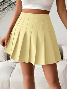 Falda pantalón casual de talle alto con pliegues y rayas para mujer - amarillo ganso - Ver 5