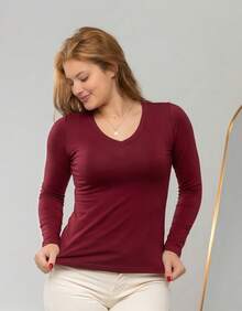 Set Of 2 Long Sleeve T-Shirts, Base Layer Blouses, V-Neck, Slim Fit, Workwear, Winter, Basic, Plain - 紅木色 - 查看 6
