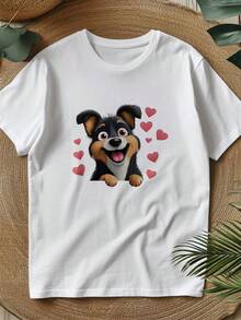 Camiseta de estilo casual para hombre con estampado de perro sonriente y corazones rojos ideal para uso diario en primavera y verano perfecta como regalo para amantes de las mascotas - Blanco - Ver 4
