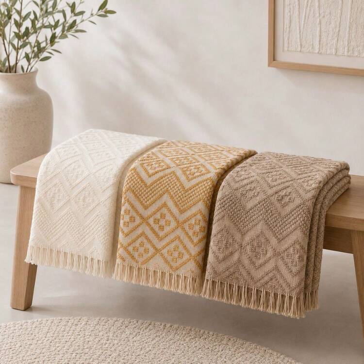 Premium Oasis Double Sofa Throw With Fringe And Super Comfortable Geometric Texture - 2.40x1.80m - 原油 - 查看 1
