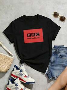 Vintage Women's White Y2K T-Shirt, 100% Cotton Soft Crew Neck Short Sleeve, 90s Retro Streetwear Oversized Top - Black - View 4