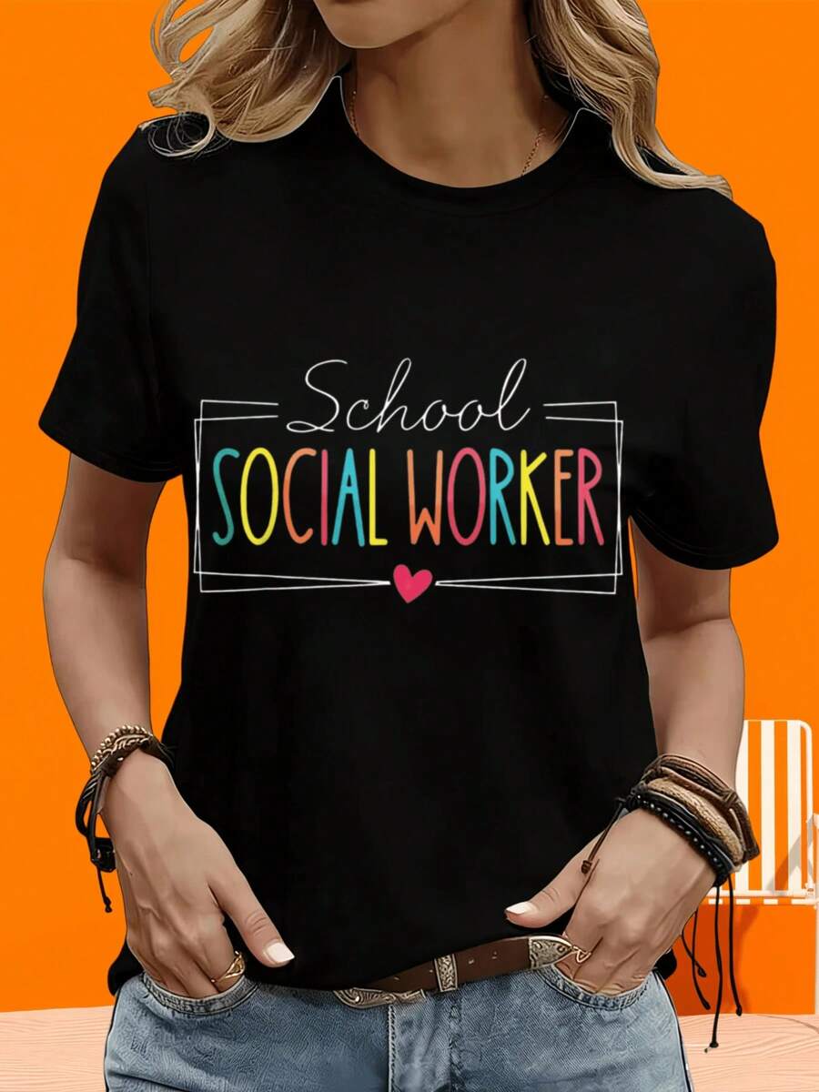 Camiseta de manga corta para mujer, informal, para ocio, actividades al aire libre, hogar, escuela, trabajador social, con diseño de texto colorido y gráfico de corazón, top casual, regalo para vacaciones y fiestas al aire libre. - Negro - Ver 1