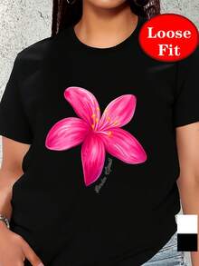 Garden Soul, Floral Pattern Print, Round Neck Short Sleeve T-Shirt, Spring Summer Casual Top, Plus Size Women's Clothing. Y2K Style Sportswear, Round Neck, 100% Cotton, Soft Fabric, Short Sleeve. - 黑色 - 查看 7