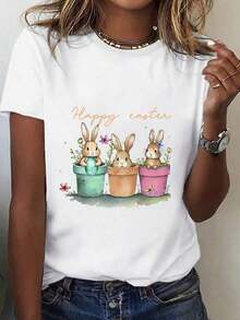 Elegant Women's T-Shirt With Floral Print, Round Neck, Short Sleeve, White With Blue Flowers, Versatile And Casual For All Seasons, 100% Cotton - 白色2 - 查看 6