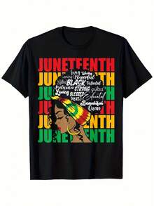 Women's Printed T-Shirt - Casual Short Sleeve Crew Neck T-Shirt In Black With Colorful Illustration And Text From Juneteenth, With A Relaxed Fit For All Seasons, Perfect For Everyday Wear And Holiday Outfits, Machine Washable. - 黑色 - 查看 1