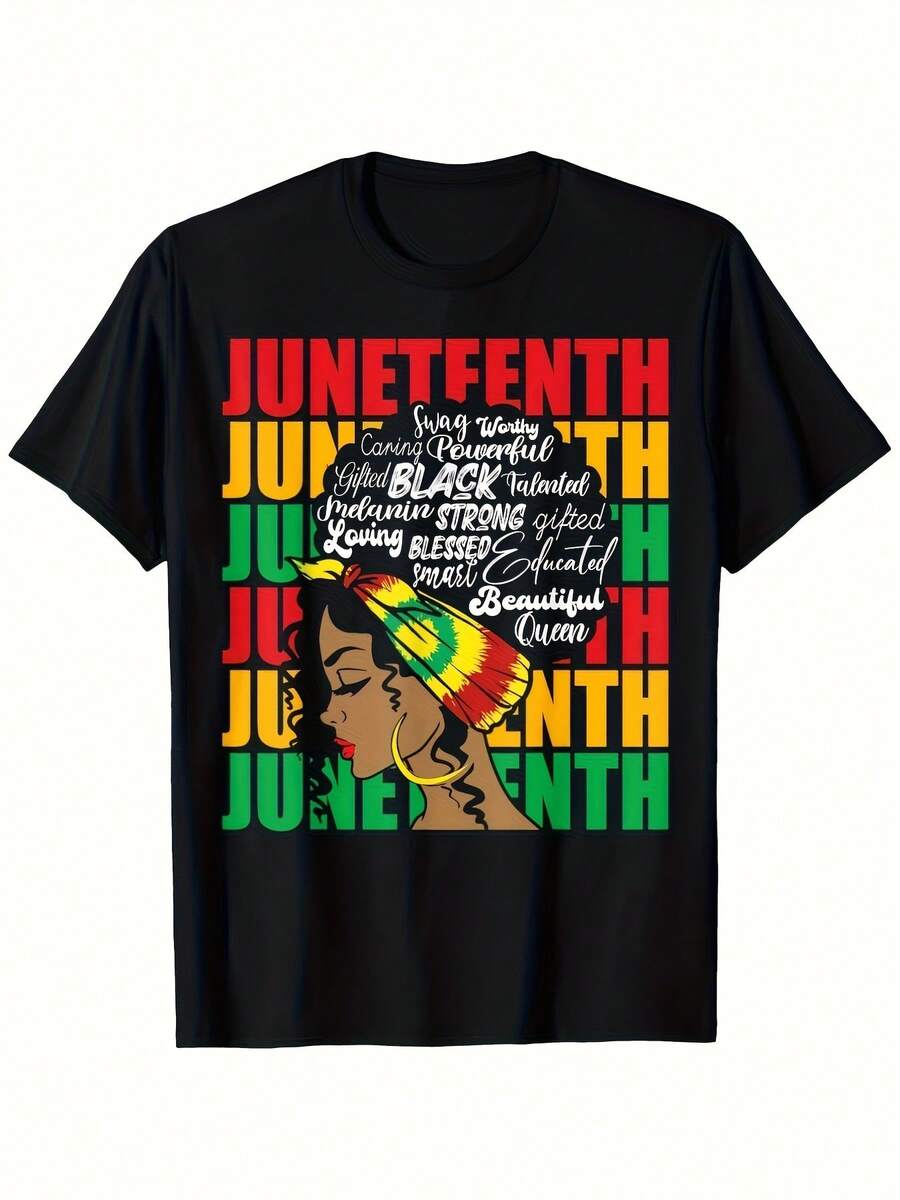 Women's Printed T-Shirt - Casual Short Sleeve Crew Neck T-Shirt In Black With Colorful Illustration And Text From Juneteenth, With A Relaxed Fit For All Seasons, Perfect For Everyday Wear And Holiday Outfits, Machine Washable. - 黑色 - 查看 1