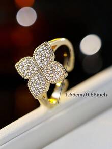 1pc Elegant 4-Petal Flower Zirconia Inlaid Open Ring, Delicate Accessory For Daily And Work Wear - Open Ring - View 5