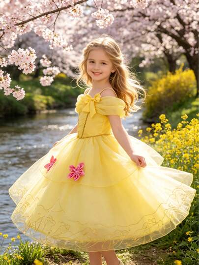 Young Girl Cold Shoulder Bow Decor 3D Floral Mesh Princess Party Dress