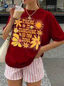 Camiseta de verano premium para mujer con estampado de girasoles, texto inspirador, estilo dopamina en amarillo cálido, 100% algodón, estilo casual de vacaciones de verano, cuello redondo y manga corta. - Rojo - Ver 1