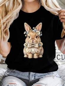 Camiseta de Mujer Cozy Comfy Lounge Easter con Estampado de Conejito, Corona de Flores y Lazo, Camiseta de Verano de Algodón Puro con Cuello Redondo, Top Casual de Manga Corta, Estilo Único para Uso Diario, Corte Holgado, Transpirable y Suave, Atuendo para Vacaciones, Regalo Perfecto para Ella, Ropa de Casa Suave y Relajada. - Negro - Ver 11