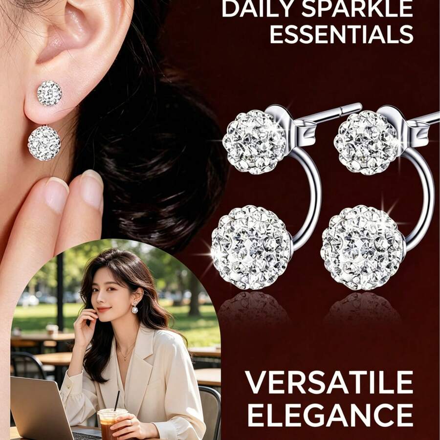 2pcs Shamballa Fully Paved Crystal Ball Drop Earrings, Suitable For Women Daily Wear - Silver - View 1