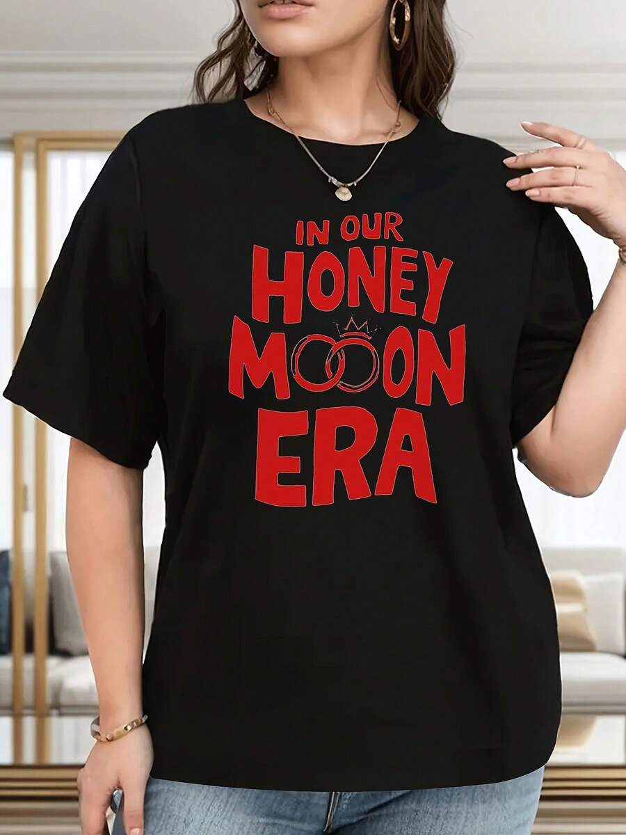 Camiseta holgada de algodón 100% para mujer de talla grande con el eslogan "Honeymoon Era" - blanca con letras rojas y diseño de anillo de boda, cuello redondo, estilo casual, adecuada para - Negro - Ver 1