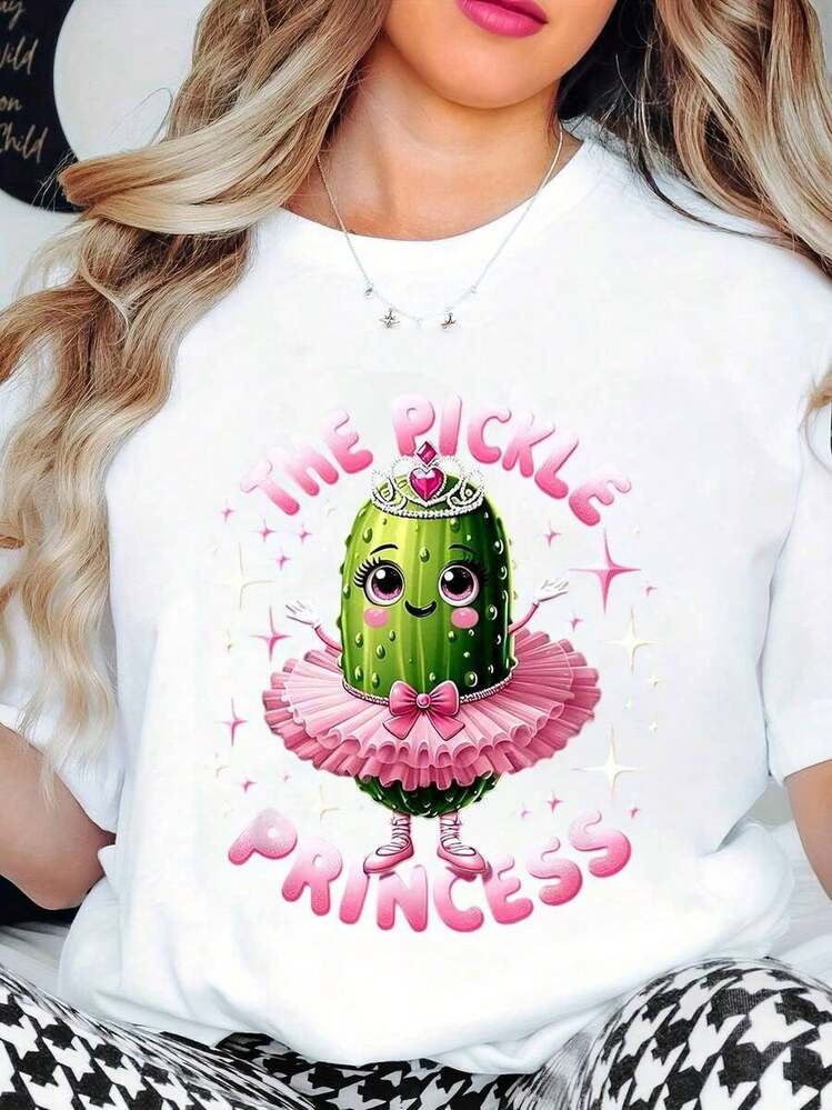 Funny Pickle Princess Graphic T-Shirt With Cartoon Pickle Print, Pink Tutu And Crown For Women, Ideal For Casual Wear, Parties Or Gift - 白色 - 查看 6
