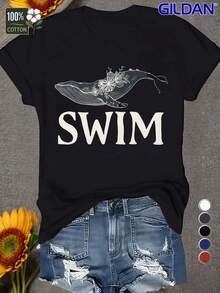 Una camiseta de mujer de manga corta, holgada, moderna, retro y elegante, adecuada para actividades al aire libre en primavera y verano, con ilustraciones florales y de ballenas nadando, y un ajuste cómodo.blusas para mujer,blusas casuales para dama,tops,, mujer premium,y2k,playeras de mujer curvy,ofertas y liquidaciones ropa mujer,playeras deportivas para mujer,,playeras de hombre, mujer,blusas>elegante JX5Q - Negro - Ver 8