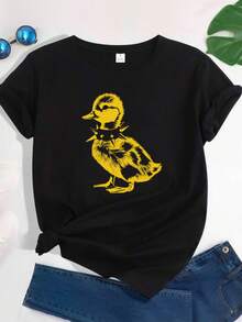 Una linda camiseta punk de verano para mujer con un bonito estampado de pato y un cuello con púas. Esta camiseta de moda alternativa está diseñada para adolescentes emo rock y amantes del punk rock, y es un regalo elegante y divertido. Printed Pattern T-ShirtCamiseta Algodón Familia Coordinada - Negro - Ver 4