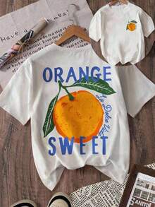 Women's "Orange Sweet La Dolce Vita" Casual Loose Graphic T-Shirt, Breathable And Comfortable, Short Sleeve And Round Neck, With Double-Sided Orange Print, Made Of Soft Cotton, Perfect For Everyday Wear And Summer Urban Style. - 白色 - 查看 1