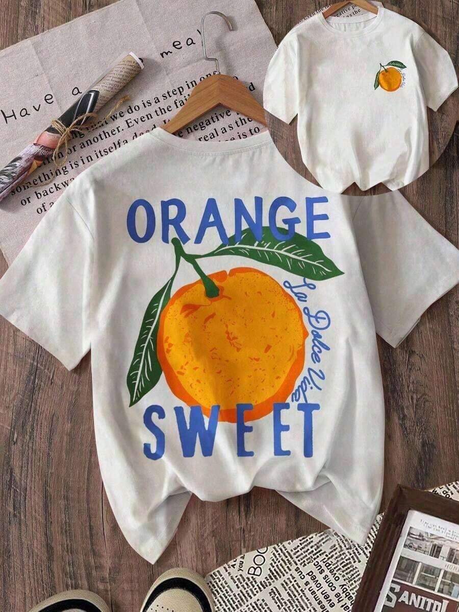 Women's "Orange Sweet La Dolce Vita" Casual Loose Graphic T-Shirt, Breathable And Comfortable, Short Sleeve And Round Neck, With Double-Sided Orange Print, Made Of Soft Cotton, Perfect For Everyday Wear And Summer Urban Style. - 白色 - 查看 1