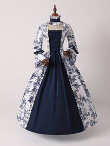 Váy cung đình thời Trung cổ Victoria, váy xòe tay loe Gothic Lolita thời Phục hưng, váy dài tay cổ điển, váy dạ hội in hoa thanh lịch cho kỳ nghỉ - Màu xanh lam - Xem 15