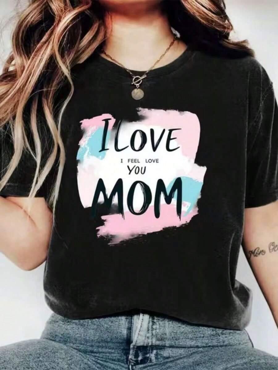 Women's Casual T-Shirt, Short Sleeve Sports Top For Daily Use, Printed With The Slogan "I Love You Mom" And Pink And Blue Brushstroke Pattern, Suitable For Vacation. - 黑色 - 查看 1