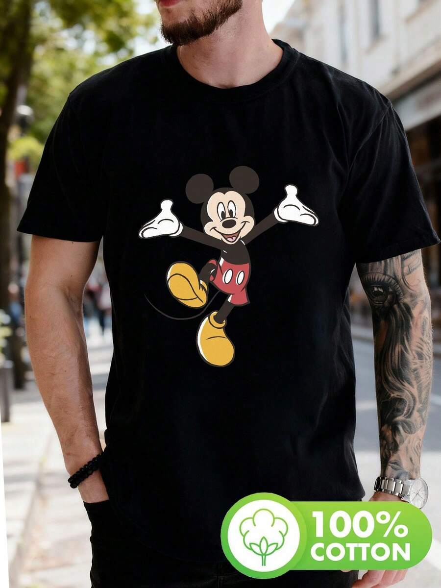 Featuring The Classic Disney Mickey Mouse Character In A Lively And Cheerful Pose, This Outfit Includes Red Shorts, A Yellow Shoe Print T-Shirt, And A Short-Sleeved Crew Neck Casual Top, Suitable For Summer And Spring. (Men's Clothing) - Black - View 1
