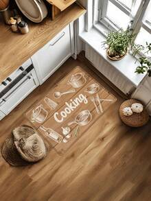 1pc Wood Grain & Kitchen Utensil "Cooking" Pattern Kitchen Mat, Modern Minimalist Absorbent & Oil-Resistant Kitchen Rug, Stain-Resistant Kitchen Floor Mat, Small Kitchen Rug, Easy Care Machine Washable Anti-Abrasion Anti-Scratch Kitchen Floor Mat, Soft & Elastic Kitchen Floor Pad, Kitchen & Dining Room Small Space Compatible Striped Rug, Kitchen Area Rug, Odorless Absorbent Non-Slip Floor Mat (Multiple Styles & Sizes Available) - Sketch Of Wooden Kitchenware - View 10