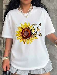 Women's T-Shirt With Sunflower And Butterfly Print, Casual Summer T-Shirt, Loose Fit Fashion, Graphic T-Shirt For Everyday Wear And Nature Lovers - 白色 - 查看 7