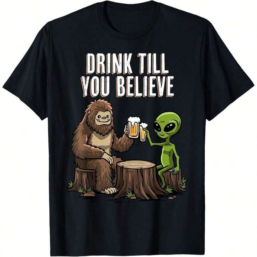 1 Piece Alien Bigfoot Beer Drink Till You Believe Sasquatch T-Shirt For All Seasons, 100% Cotton, One-Sided Print, Round Neck, Short Sleeve, Unisex, Base Layer, 180g 100% Cotton. - 顏色 9 - 查看 1