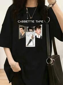 1 Piece Homies Good Buddies Cartoon Print T-Shirt - Women's Casual Short Sleeve Crew Neck T-Shirt, Soft Cotton, 180g, 100% Cotton. - Black 6 - 查看 1