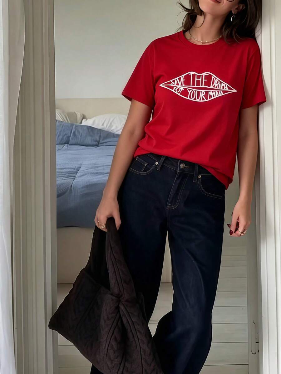 Y2K T Shirt / Maple Leaf Print Top2026 Friends TV Show Rachel Save Drama Kawaii Mom T-Shirt Top Plus Size Unisex Kawaii Clothes Anime Stitch2026-Breezy Beach Top / Lightweight Summer Top - 紅色 - 查看 1