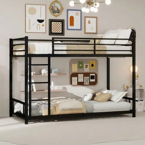 Metal Bunk Bed With Two Single Beds / Heavy, Stable Metal / Low Noise / Safety Railing / No Box Spring Required - Black - View 1