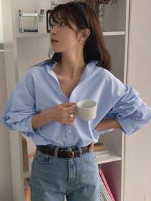 Camisa casual de mujer de un solo pecho de manga larga con hombros caídos y unicolor - Gris - Ver 3