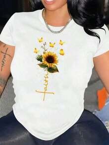 Faith Sunflower Print Summer T-Shirt, Versatile Short Sleeve Crew Neck Blouse For Women. 1 Sexy Casual Sweet Party Elegant Basic Off Shoulder Blouse Beach Night Out Vacation Office Home Garden Everyday Birthday Party Baby Shower Country Music Concert Stage & Summer Performance - 白色的 - 查看 8