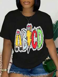 Women's Short-Sleeved T-Shirt, Soft And Breathable, 100% Cotton - Graphic Print With Teacher Theme, Casual Round Neck Top For Back To School Season, Versatile T-Shirt For Educators And Mothers, Teacher T-Shirt. - 黑色 - 查看 1