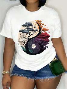 Women's Casual Short Sleeve T-Shirt, Breathable And Comfortable - Geometric Yin-Yang Tree Print, Round Neck, Semi-Transparent H-Silhouette For All Seasons Use, Machine Washable And Versatile For All Women. - 白色 - 查看 6