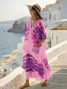 Vestido casual suelto con escote en V, estampado de teñido anudado, con bolsillos grandes, estilo bohemio de verano para vacaciones en la playa para mujeres - Rosa - Ver 6