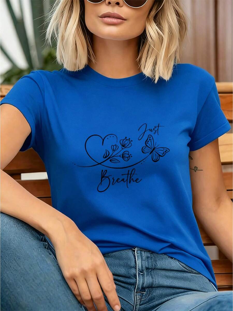 Camiseta de Mujer Estilo Simple Verano 2026 con Estampado "Just Breathe", Estilo Artístico, Cuello Redondo Casual de Manga Corta para Uso Diario ZYEQ - Azul - Ver 1