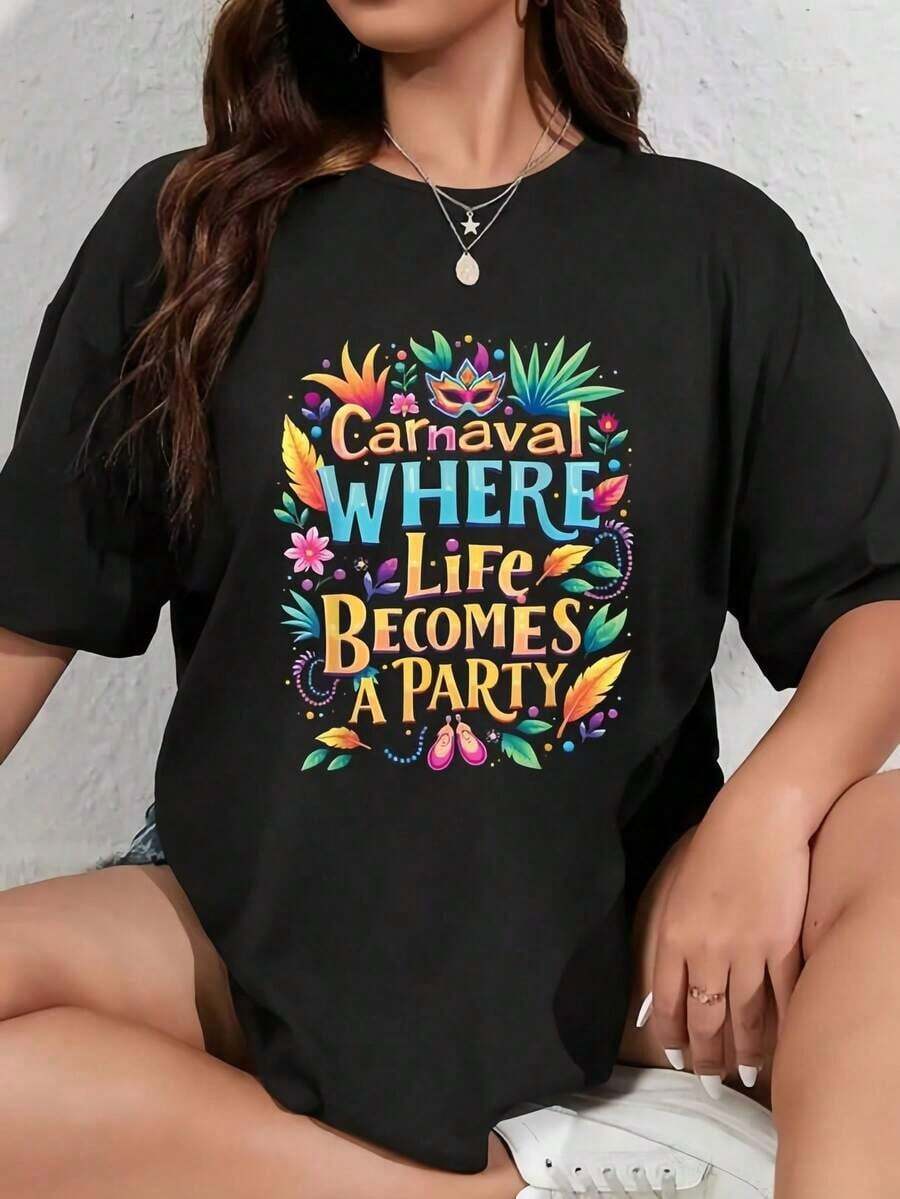 100% Cotton T-Shirt For Carnival In Brazil, Rhythmic Feather Design, Brazilian T-Shirt For Men And Women, Soft And Breathable, Classic, Fashionable, For Summer, Round Neck, Printed, Short Sleeve, Casual, For Everyday Wear, Excellent Gifts For Friends And Family, 100% Cotton T-Shirts, Youthful And Fashionable Design, Casual Blouses For Women - 黑色 - 查看 1