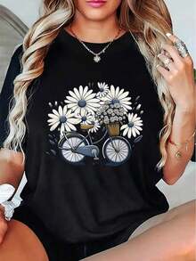 Camiseta Casual de Manga Corta para Mujer, Diseño Floral - Negra, Tela Cómoda, Ligera y Duradera, Adecuada para el Hogar, Uso al Aire Libre o Casual, Camiseta para Uso Diario |     Camiseta con Estampado Floral |     Tela de elasticidad mediablusas para mujer>ropa - Negro - Ver 7