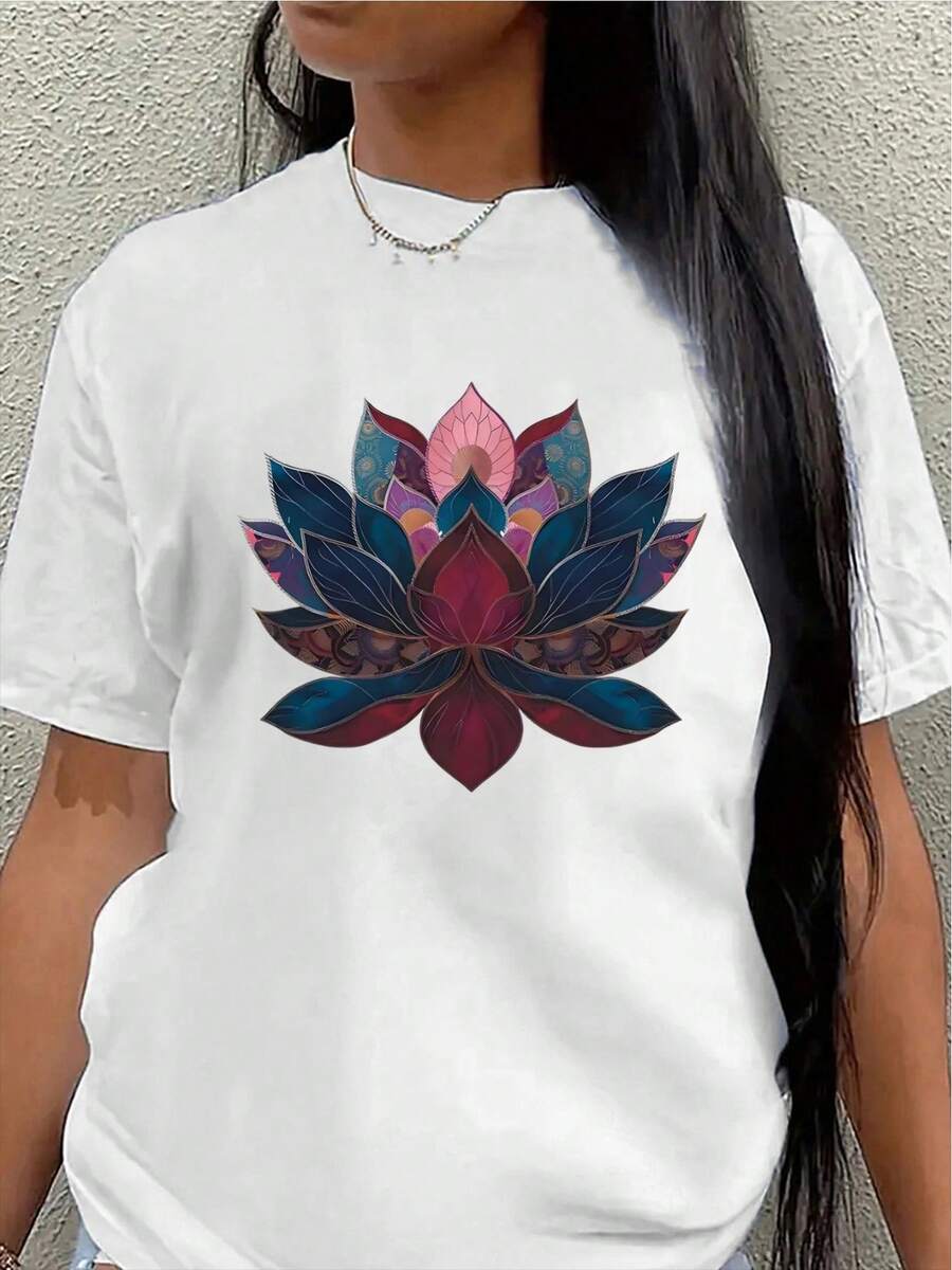 This Lightweight And Durable Short-Sleeved T-Shirt, Featuring A Vibrant Lotus Design, Is Perfect For Wearing At Home, In A Cafe, Or Outdoors, Offering A Comfortable Everyday Wear Experience. Women's Blouses > Clothing - 白色 - 查看 1
