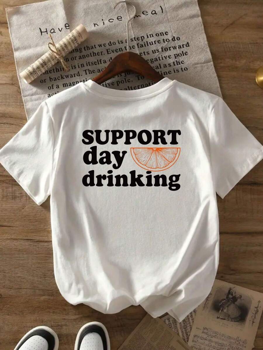 Women's "Support Daily Drinks" T-Shirt With Lemon And Vodka Inspired Print By SimpieAndVersatileDesign - Korean-Style Short-Sleeve Summer T-Shirt With Orange And Lime Slice Designs, Comfortable Casual Crew Neck T-Shirt, Suitable For Beach Parties, Barbecues, And Everyday Wear. Cotton T-Shirt. - 白色 - 查看 1