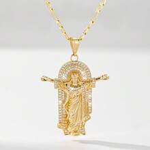 Mặt dây chuyền hình tượng Chúa Cứu Thế kiểu Công giáo cổ điển, unisex, tượng Chúa Giê-su 3D phục chế + đá Zirconia sáng bóng, dây chuyền cổ điển 60cm, phù hợp với mọi dáng người, truyền tải ý nghĩa cốt lõi của đức tin về sự cứu chuộc, bảo vệ và bình an. Thích hợp làm quà lưu niệm cho lễ Rước lễ lần đầu và lễ Rửa tội. Thanh lịch cho việc đi lại hàng ngày và thờ phượng tại nhà thờ, cân bằng giữa đức tin và phong cách cổ điển. - Vàng - Xem 9