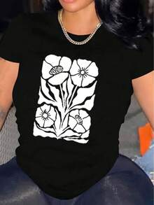 | Exquisite Design | Loose And Comfortable | Easy To Match | Women's Casual Short Sleeve T-Shirt, 1 Pack, 100% Thick Cotton - Comfortable Crew Neck, Soft And Pretty T-Shirt - 黑色 - 查看 1