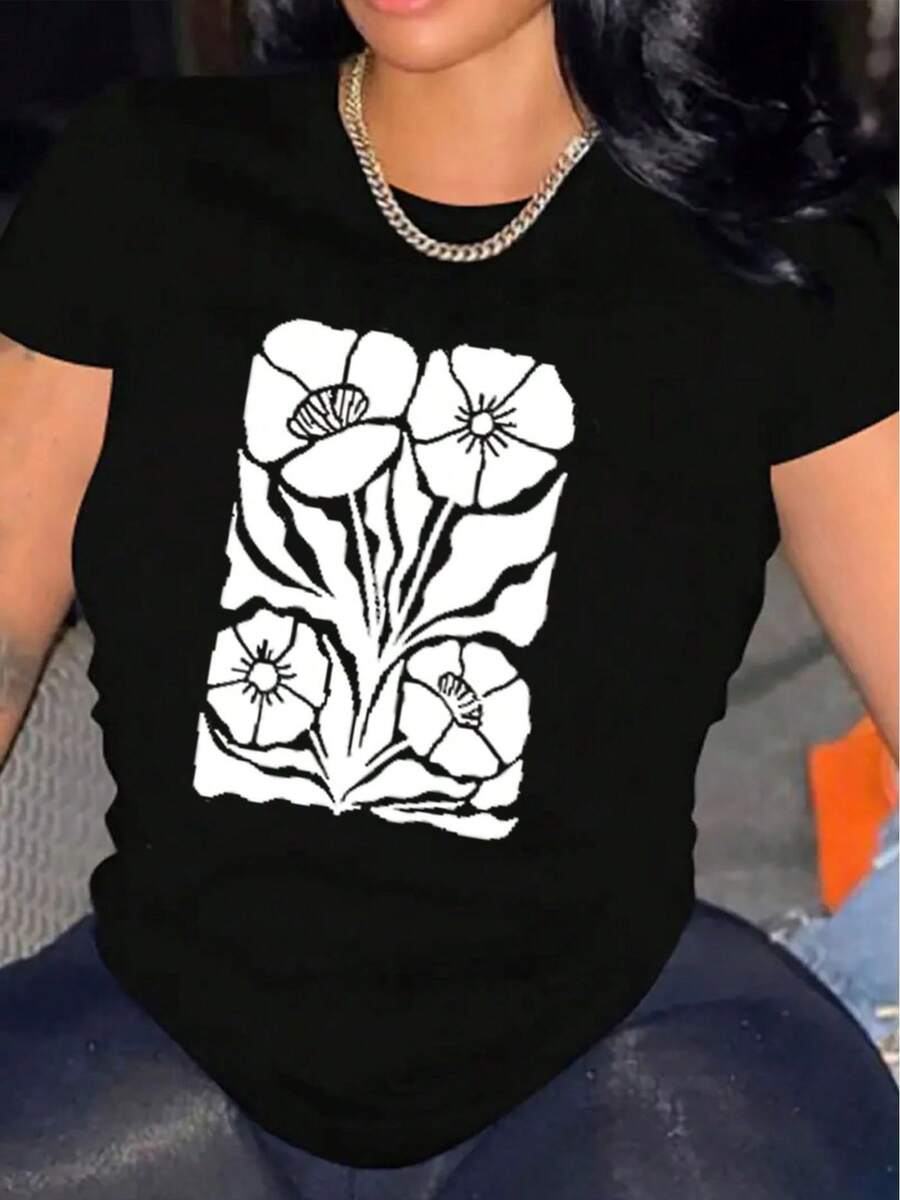 | Exquisite Design | Loose And Comfortable | Easy To Match | Women's Casual Short Sleeve T-Shirt, 1 Pack, 100% Thick Cotton - Comfortable Crew Neck, Soft And Pretty T-Shirt - 黑色 - 查看 1