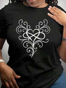 Women's Short-Sleeved Shirt With An "Artistic Love" Print, Suitable For Everyday Wear. Made Of Soft, Breathable Polyester Fiber With Moderate Stretch. Machine Washable. Casual Short-Sleeved Crew Neck Printed T-Shirt For Women, Graphic Tee, Women's Graphic Tees, Summer T-Shirt, Casual T-Shirt, Summer Tops, Summer Sets For Women, Comfortable Casual Short-Sleeved Crew Neck T-Shirt, Elegant Blouses For Ladies. - 黑色 - 查看 1