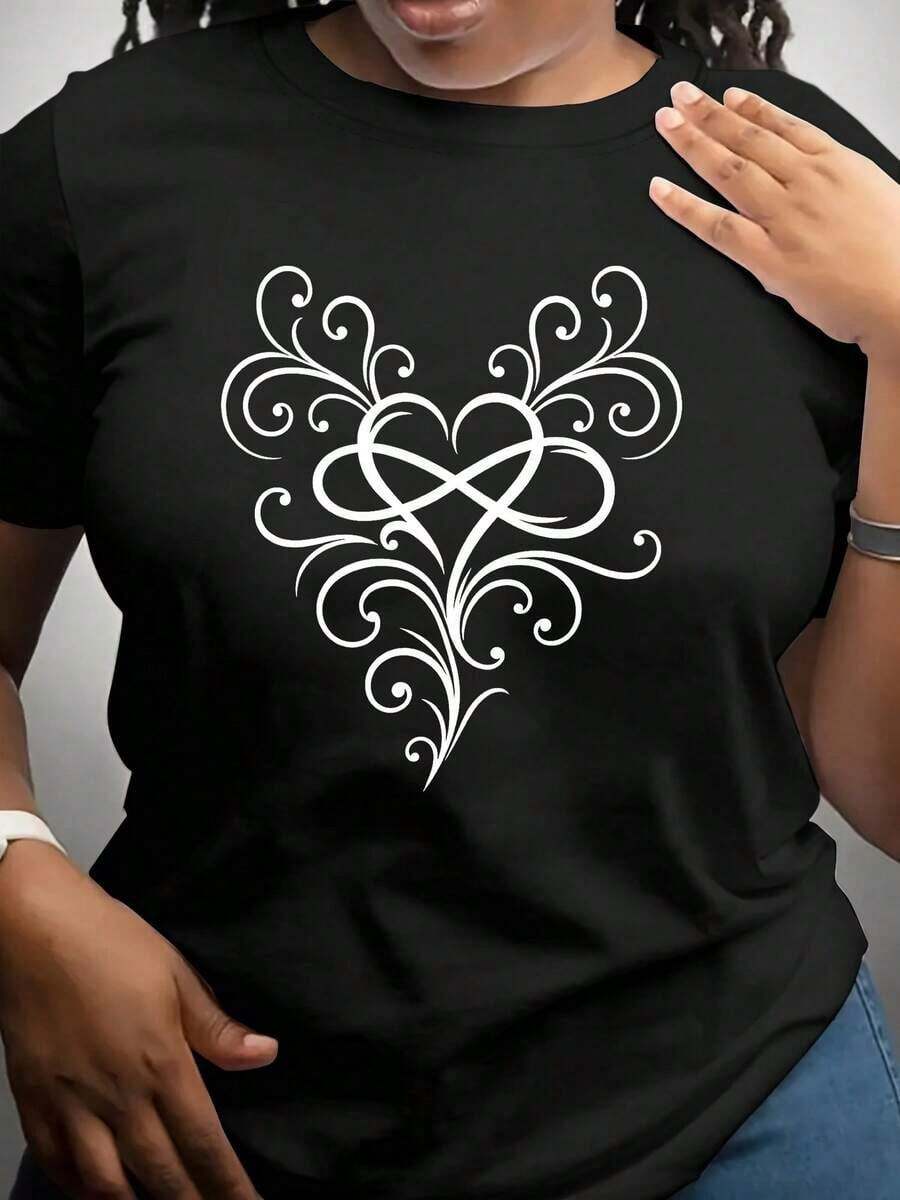 Women's Short-Sleeved Shirt With An "Artistic Love" Print, Suitable For Everyday Wear. Made Of Soft, Breathable Polyester Fiber With Moderate Stretch. Machine Washable. Casual Short-Sleeved Crew Neck Printed T-Shirt For Women, Graphic Tee, Women's Graphic Tees, Summer T-Shirt, Casual T-Shirt, Summer Tops, Summer Sets For Women, Comfortable Casual Short-Sleeved Crew Neck T-Shirt, Elegant Blouses For Ladies. - 黑色 - 查看 1
