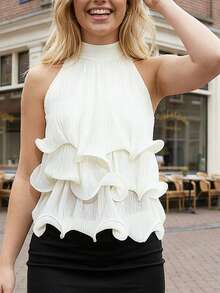 Women's Y2k Halter Flounce Tank Tops Solid Color Sleeveless Mock Neck Backless Layered Ruffle Flowy Blouse For Daily Office Party Wear - White - View 7