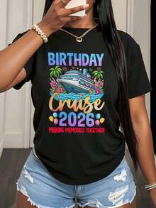"Birthday Cruise 2026 Creating Memories Together" T-Shirt For Women And Men, Unisex, For Summer Vacation, Party, Gift, 220g - Urban Vintage Style, Unisex, Loose Cotton Short Sleeve T-Shirt With Round Neck, 100% Pure Cotton. - 黑色 - 查看 3