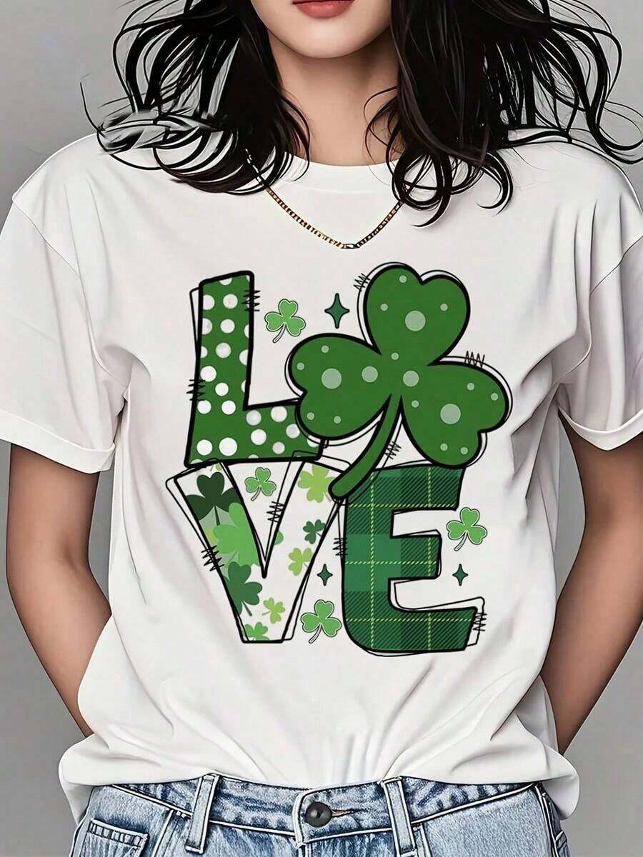 Mexican Women's Crew Neck T-Shirt With Shamrock Print And Text, Short Sleeve, For St. Patrick's Day Celebration, Party Wear, Summer Fashion Cotton T-Shirt - 白色 - 查看 1