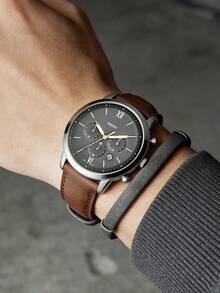 Fossil Men's Chronograph Watch Silver Tone Grey Dial Brown Leather Strap Two Tone Rose Gold Accent Business Casual Analog Watch for Office Meeting Weekend Road Trip Ideal Gift for Him on Birthday Fathers Day Graduation Perfect for Refined Retro Inspired Gentlemen - 棕色 - 查看 2