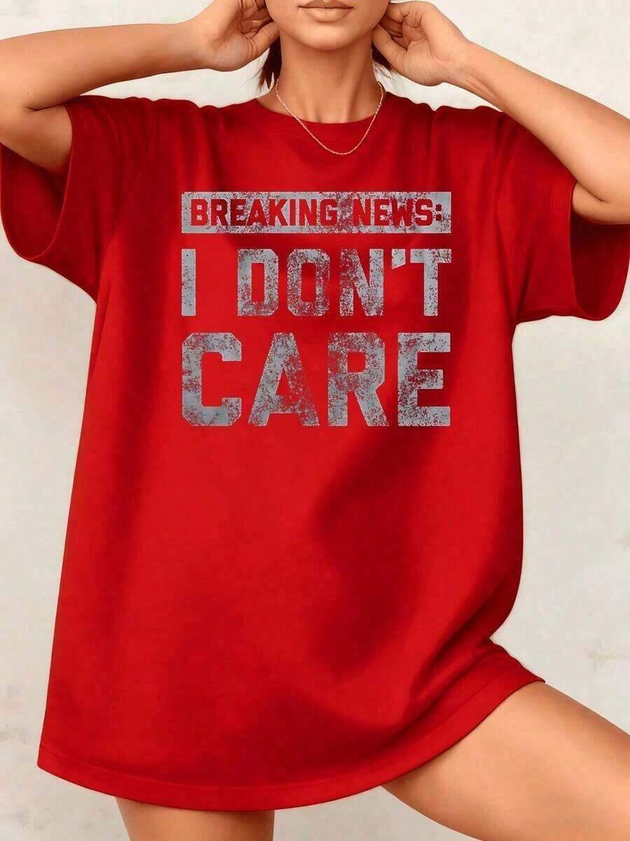 Women's Casual T-Shirt With Graphic Print 'I Don't Care' And Sarcastic Phrase, 100% Cotton, Crew Neck, Loose Fit, 1 Piece. Excellent Gifts For Friends And Family, Basic Everyday Style - Unisex Cotton T-Shirt, Short Sleeve, Crew Neck, Urban Vintage Style. Leisure - 紅色 - 查看 1
